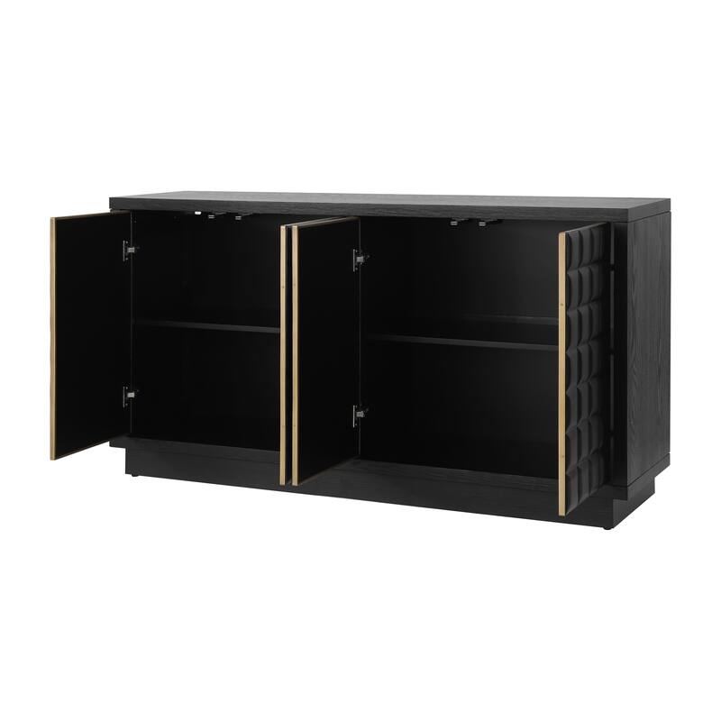 Buffet Cabinet with Storage, 4-Door Wood Sideboard with Adjustable Shelves, Geometric Door Design, Modern Home Coffee Bar