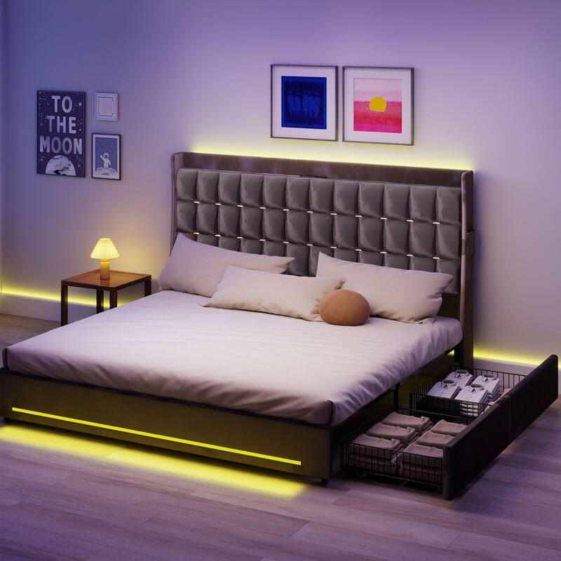 Moasis King Size Velvet Platform Bed with 4 Drawers,Bed Frames with RGB Light & Built-in Charging Station