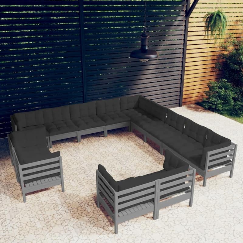 vidaXL Solid Pinewood Patio Lounge Set 14 Piece with Cushions Multi Colors - Grey
