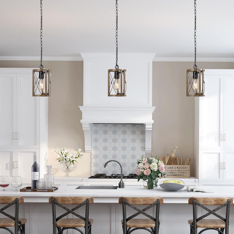 Modern Farmhouse Cylinder Pendant Light Wood Grain Island Light for Kitchen Island Dining Room