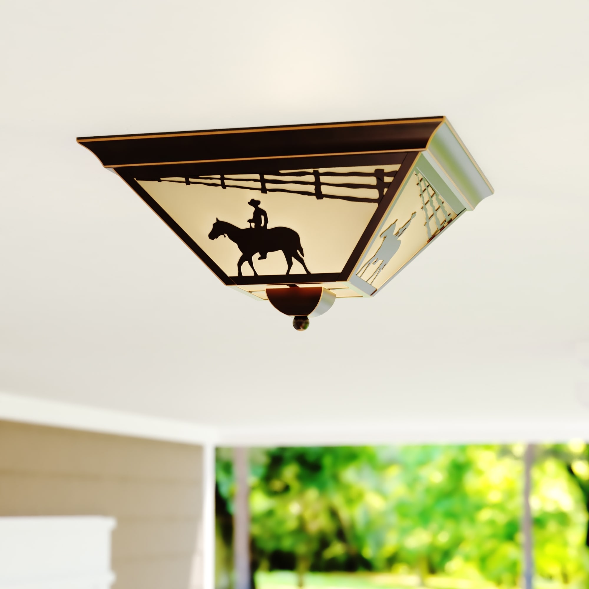VAXCEL Trail Bronze Rustic Horse Cowboy Square Outdoor Flush Mount Ceiling Light - 14-in W x 7-in H x 14-in D