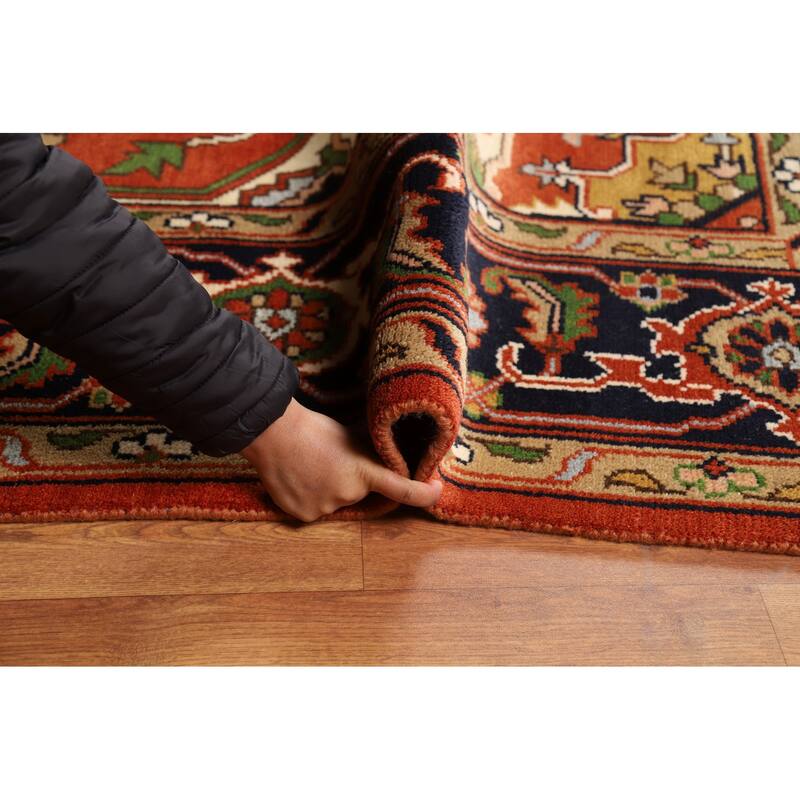 Medallion Heriz Serapi Indian Rug Hand-Knotted Orange Wool Carpet - 8'10"x 11'11"