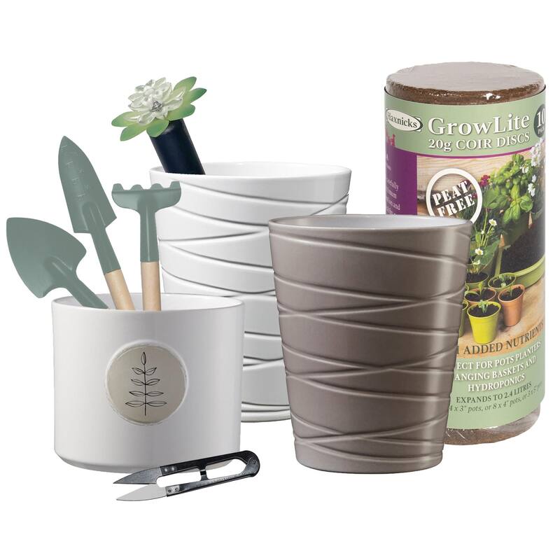 White Botanic Ceramic Indoor Plant Pot Kit with Tools and Moisture Meter - 5.1" Dia - 5.1" Dia