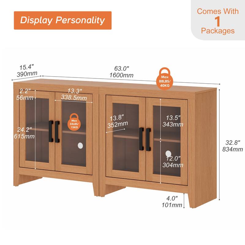 WAMPAT Modern Farmhouse Modular Buffet Cabinet, Glass Door Sideboard with Adjustable Shelves