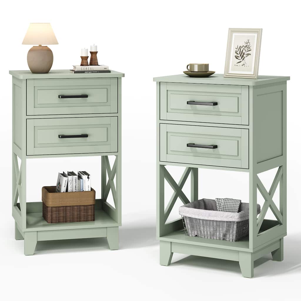 Tall Nightstand with 2 Drawers and Open Shelf Below, Set of 2