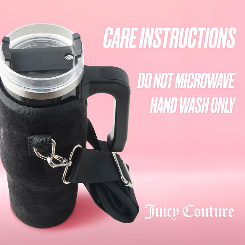 Juicy Couture Jetsetter Hydration Stainless Steel Tumbler with Handle, Straw & Topper with Velour Crossbody Pouch
