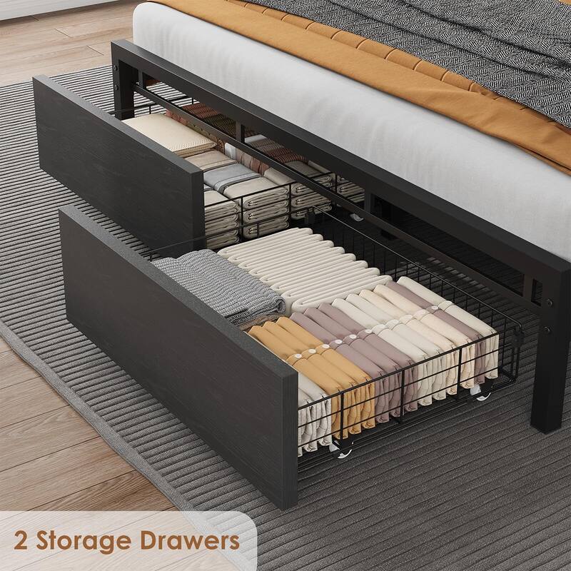 Industrial Full Platform Bed, Storage Headboard/2 Large Drawers/Charging Station