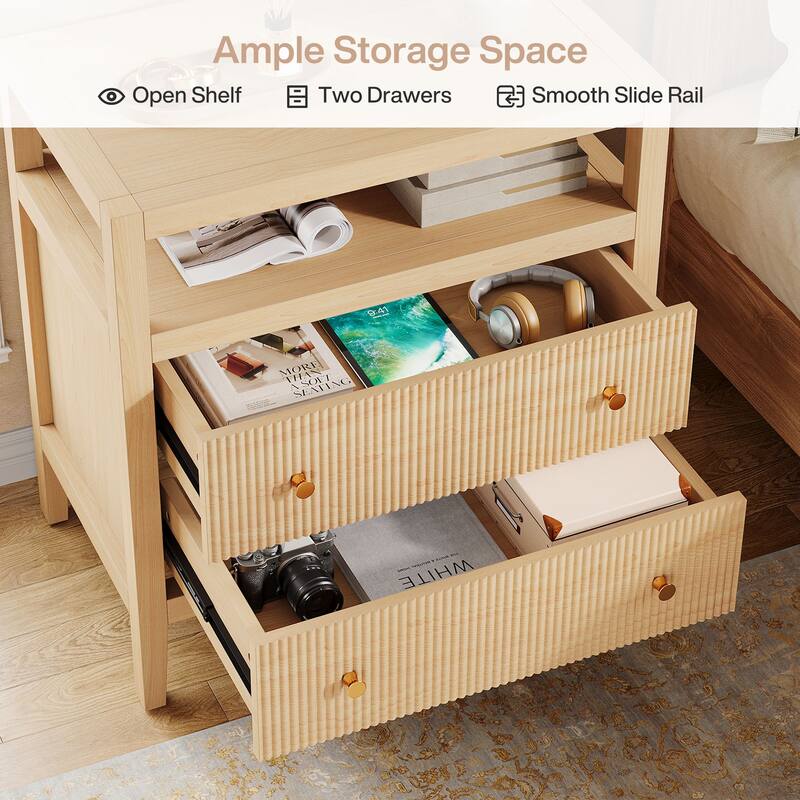 2-Drawer Farmhouse Nightstand, Nightstand with Open Storage Shelf