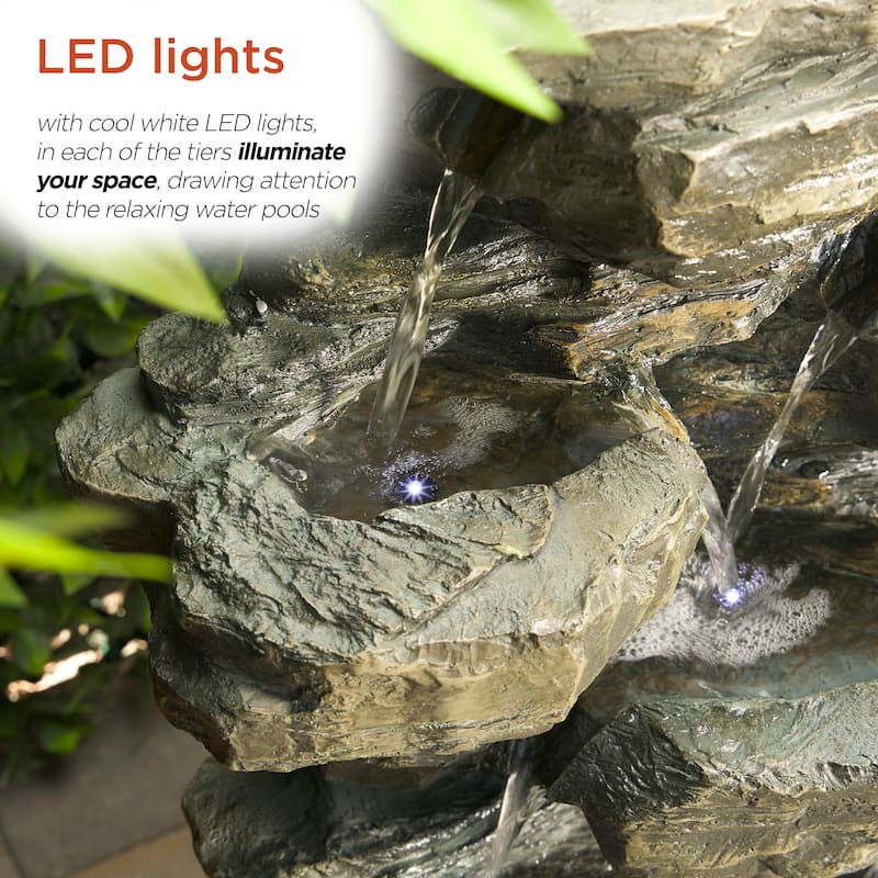 Alpine Corporation WIN930 Outdoor Floor Multi-Tiered Cascading Rock Garden Water Fountain with LED Lights, 39", Green