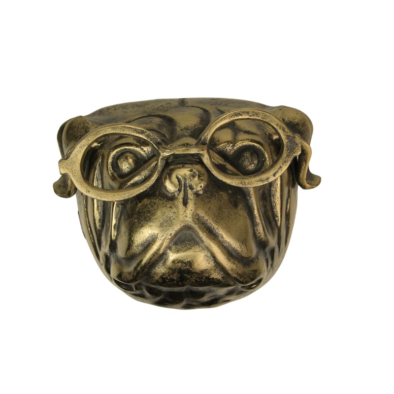 Gold Pug Dog Head Wall Decor With Spectacles 6" Cast Aluminum Wall