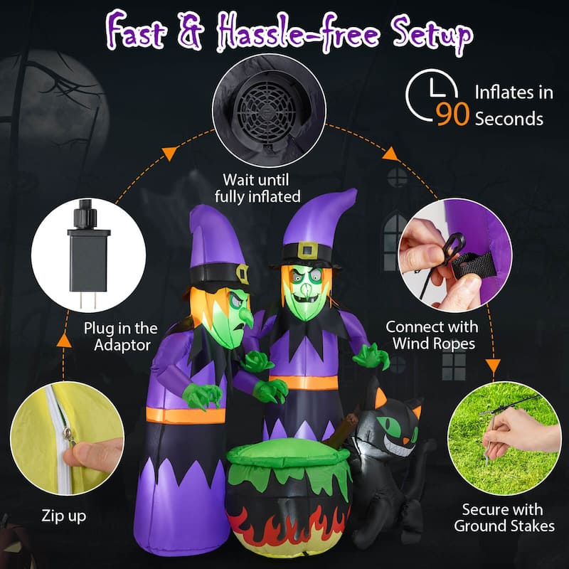 6 Ft Inflatable Halloween Witches Blow up 2 Scary Witch w/Cat Décor