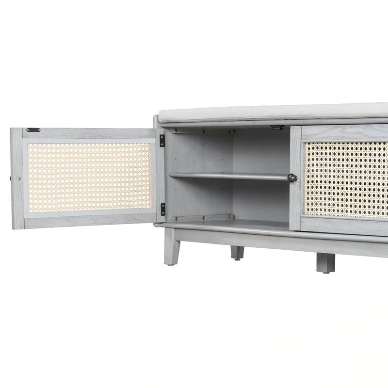 Rattan Entryway Bench with Storage, Cushioned Shoe Bench with Double Doors - Gray Wash