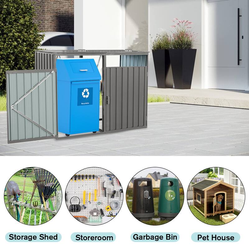 Anmytek Garbage Bin Shed Stores 2 Trash Cans Metal Outdoor Bin Shed for Garbage Storage,Stainless Galvanized Steel, Bin Shed