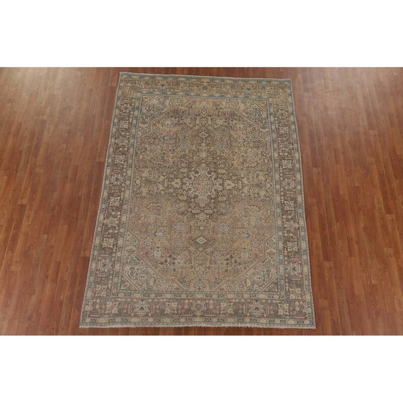 Geometric Tabriz Distressed Persian Rug Hand-knotted Wool Carpet - 6'7" x 9'0"