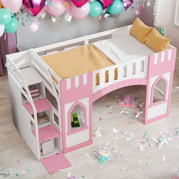 slide 2 of 9, Twin Size Loft Bed with Built-in Storage Staircase and Window for Home Pink