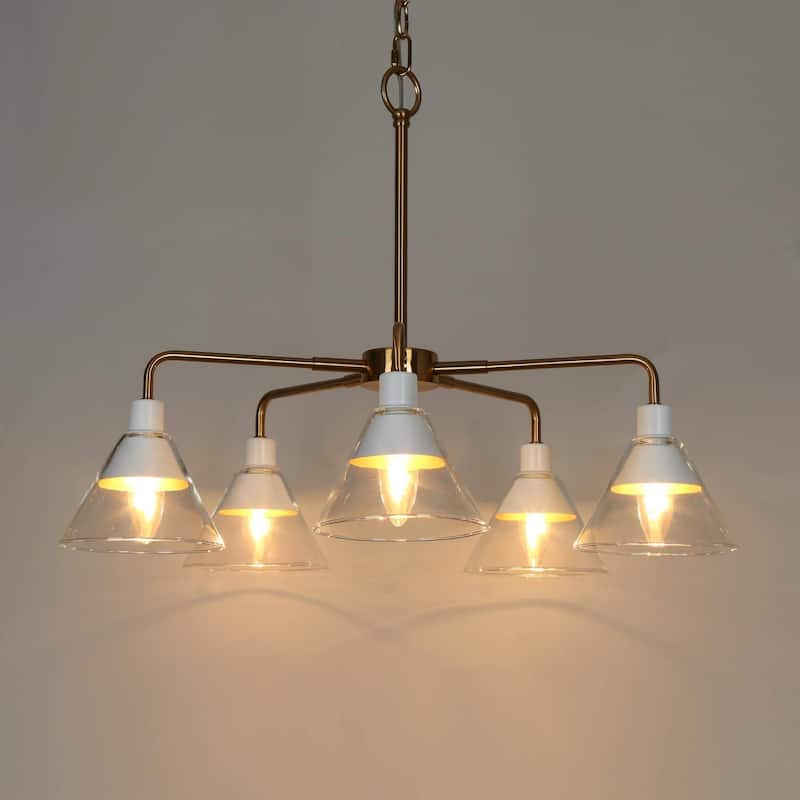 Seticy Modern Wagon Wheel Chandeliers with Accent White Gold Shaded Cone Glass for Dining Room - D 25" x H 21.5"