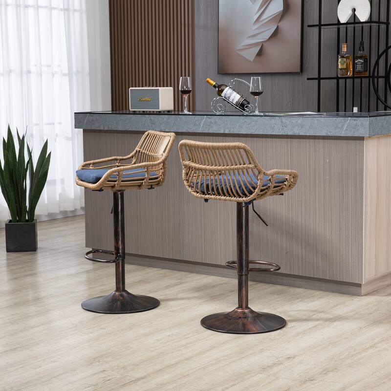 Blue Modern Swivel Adjustable Bar Stools Upholstered Breakfast Stools Set Of 2 for Kitchen Dining Room Coffee House