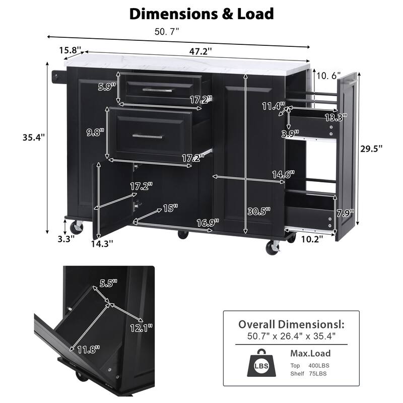 50.7" Kitchen Island with Drop Leaf, Pull Out Cabinet Organizer, Rolling Wheels, Trash Bin and 2 Drawers