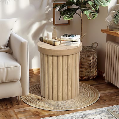 Brown Wood Fluted Round Side Table - 19.29" H x 15.75" W x 15.75" D