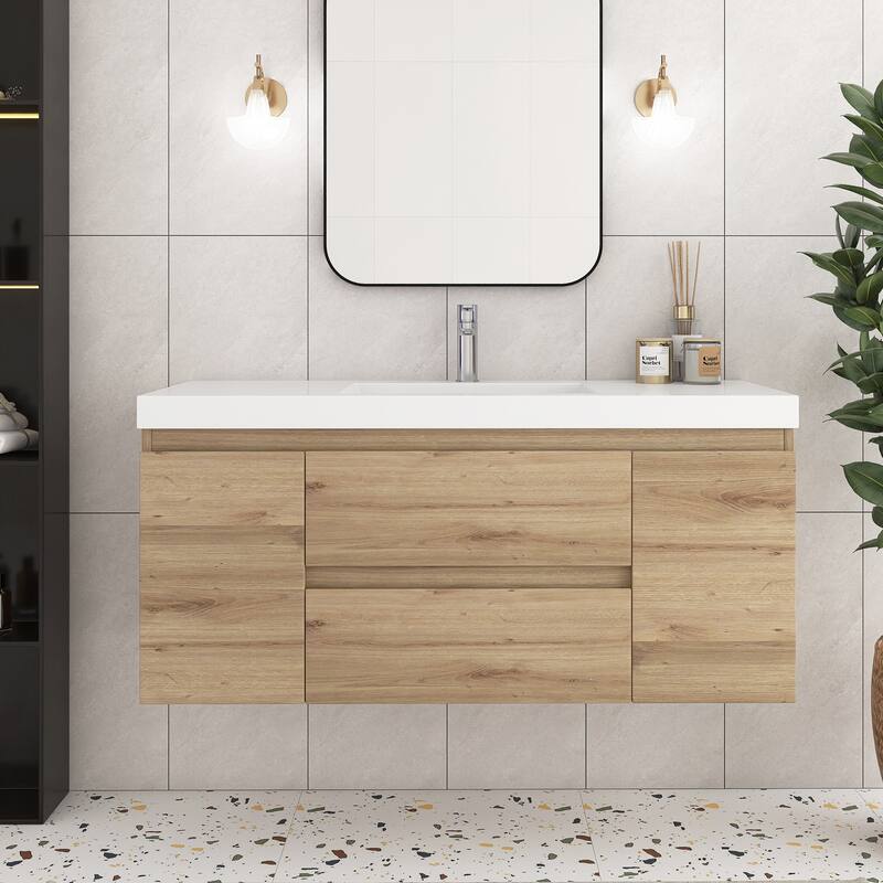 Angela Wall Mounted Bathroom Vanity in F. Oak with White Cultured Marble Top - 48 in.