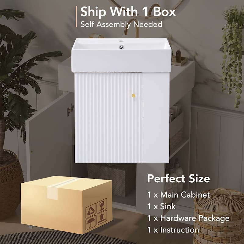 Wall-Mounted Bathroom Vanity Small Space Floating Cabinet with Sink, Wave-Patterned Door, Metal Handle and Right Side Storage