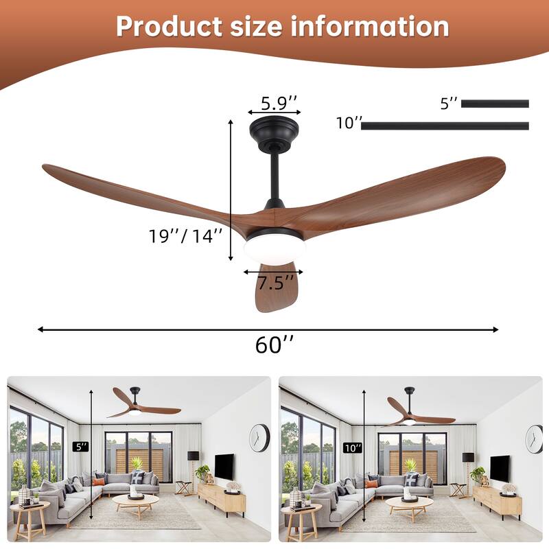 60 Inch Ceiling Fan with Lights, 3 ABS Fan Blades, Quiet Energy Efficient DC Motor, Smart App & Remote Control - 60 Inches
