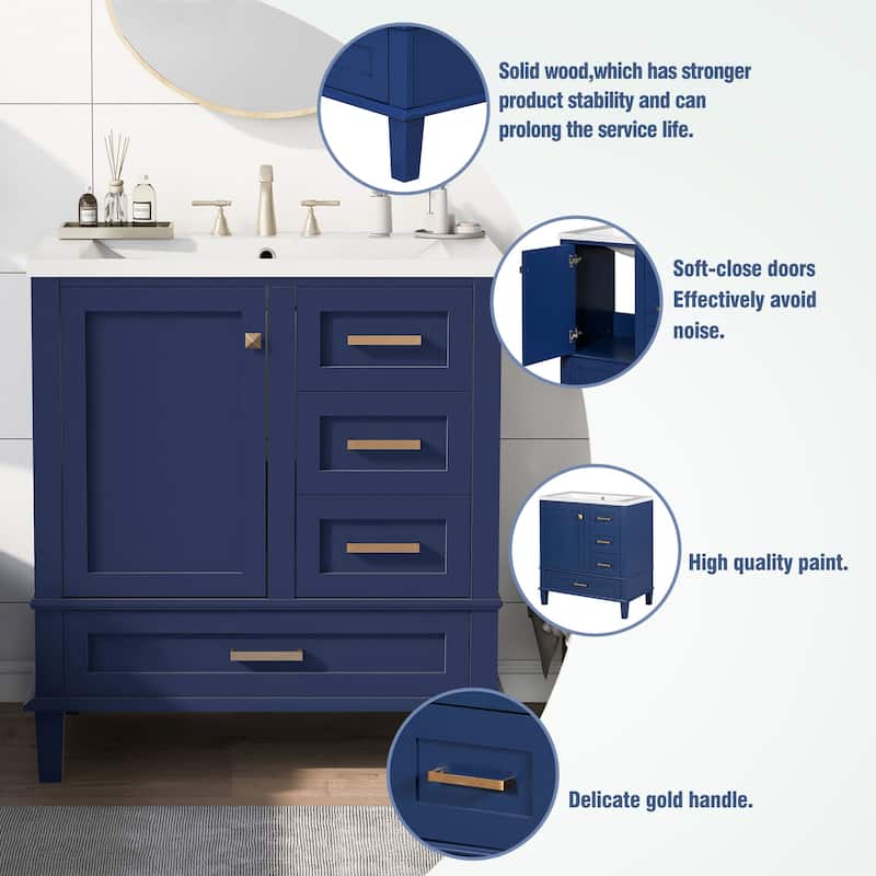 Modern Bathroom Vanity Cabinet with Sink, a Soft Closing Door & 3 Drawers