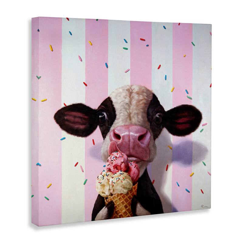 Stupell Cute Baby Cow with Ice Cream Cone Pink Stripes Canvas Wall Art
