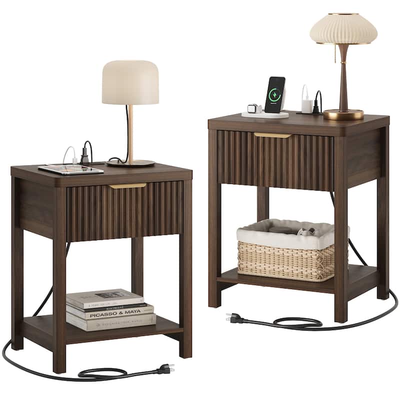 Nightstand with Drawers Fluted Bedside Table with Charging Station