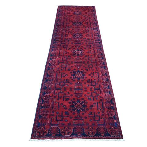 Shahbanu Rugs Saturated Red with Navy Blue Geometric Medallions Afghan Khamyab Pure Wool Hand Knotted Runner Rug (2'5" x 9'3")