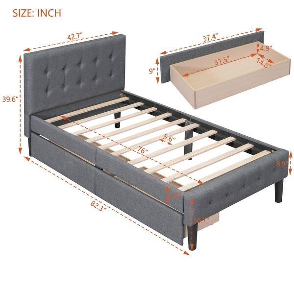 Twin Upholstered Platform Bed with Tufted Headboard and Drawers