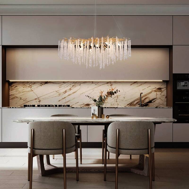 40 in Gold Crystal Chandelier Dimmable Ceiling Fixtures for Dining Room