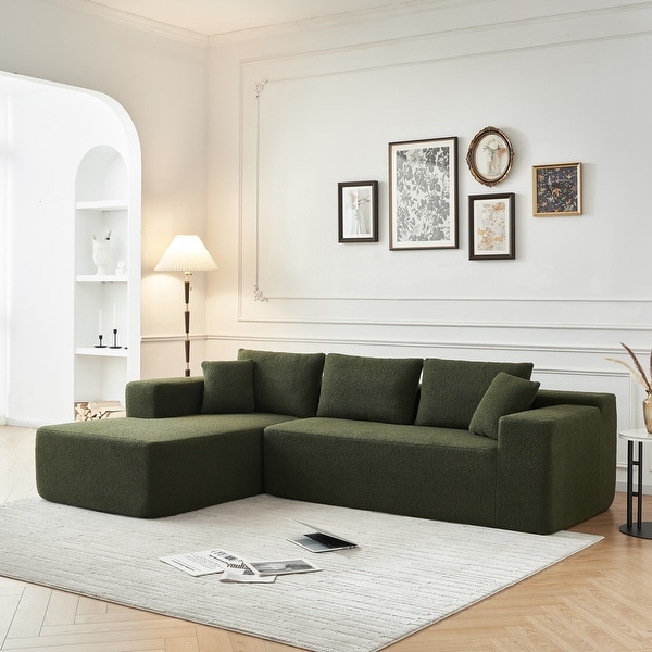 Modern Deep Cloud Sectional Sofa L Shape Corner Floor Recliner Teddy Modular Couch with 2 Throw Pillows for Living Room Green