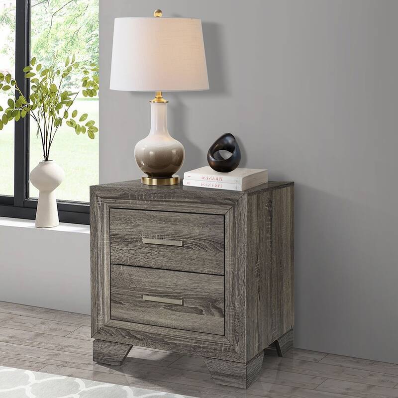 Brown Oak 2-Drawer Nightstand with Metal Bar Handles - Brown Oak