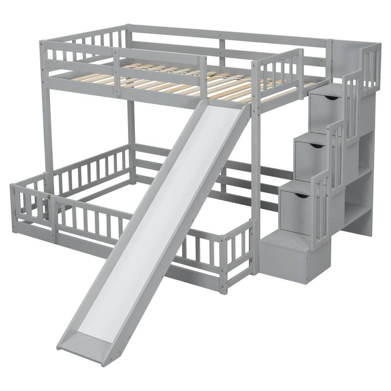 Twin Over Full Bunk Bed with Storage Staircase, Slide and Guardrails Toddler Floor Bed with Fence and Door, Floor Bunk Bed Frame