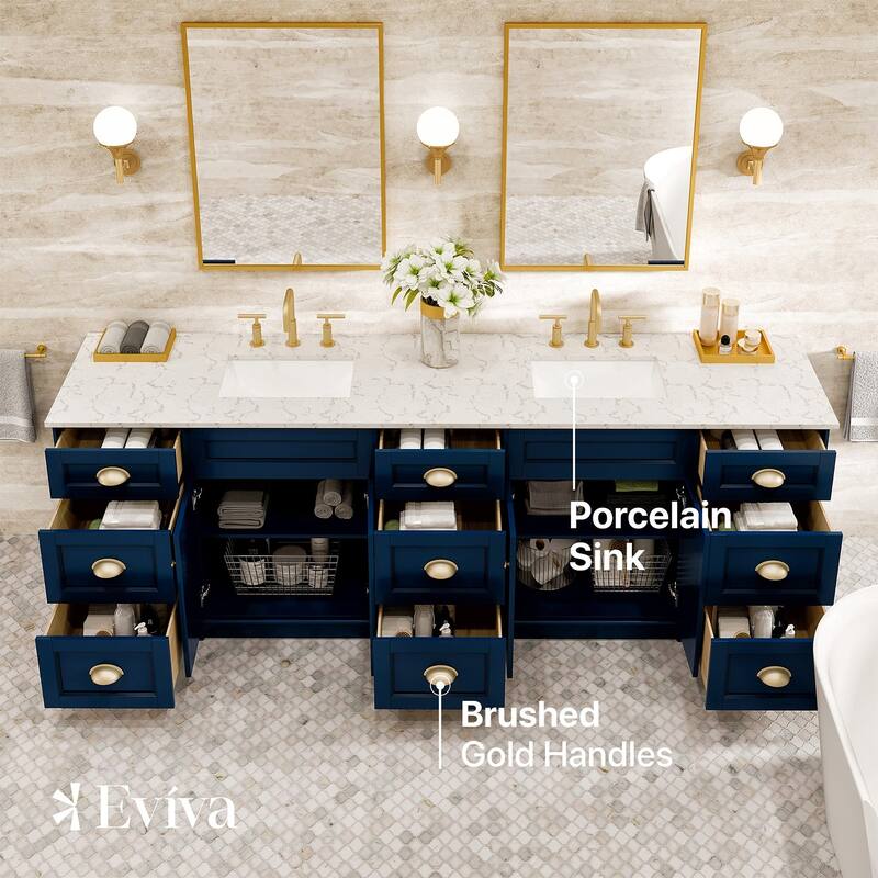 Epic 96 in. Blue DS Bath Vanity with Carrara Quartz Top & Undermount Sinks