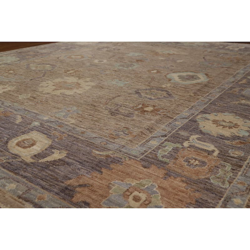 Hand Knotted Oriental 100% Wool Carpet Transitional All-Over Brown Oushak Area Rug - 9' 10'' X 8' 2''