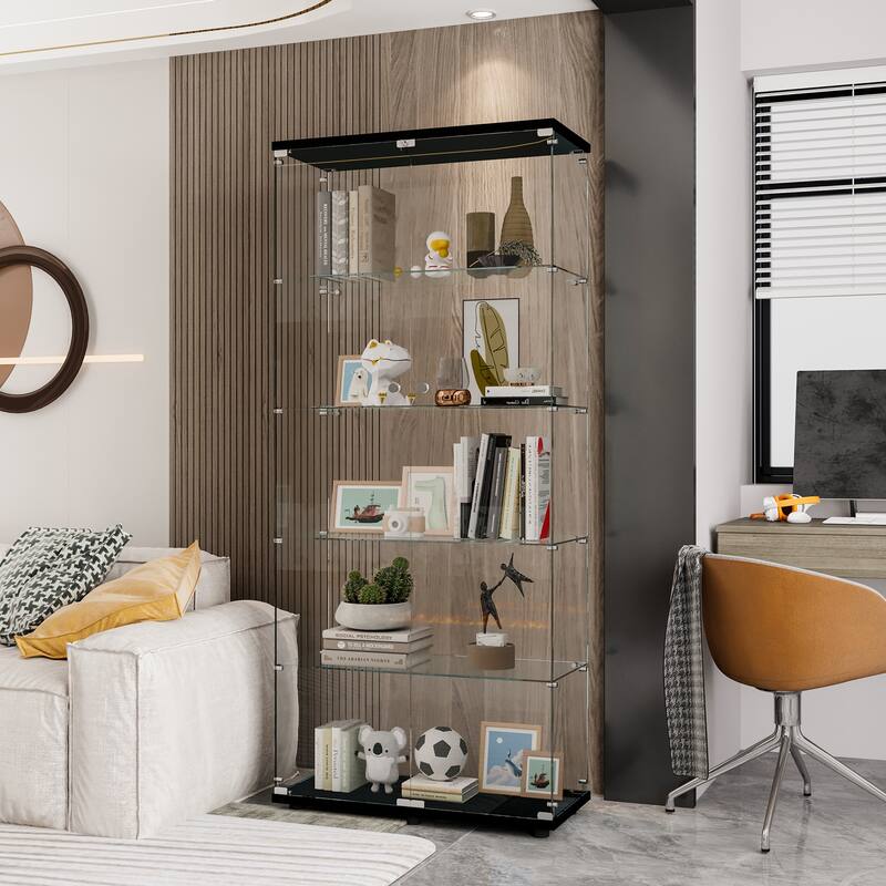 Glass Display Cabinet with 5 Shelves Double Door, Curio Cabinets, Floor Standing Glass Bookshelf, Quick Installation - Black