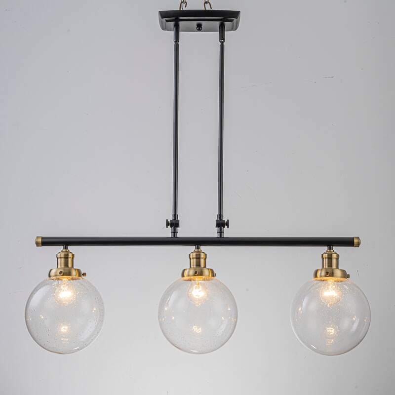34.5" W 3-Light Industrial Black and Gold Linear Adjustable Island Pendan Light with Clear Seeded Glass Globe for Dining Room