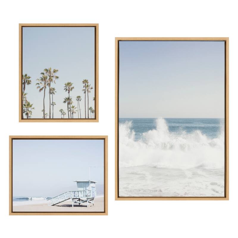 Kate and Laurel Sylvie Waves Crashing Framed Canvas by Caroline Mint - 3 Piece - Plastic - Natural