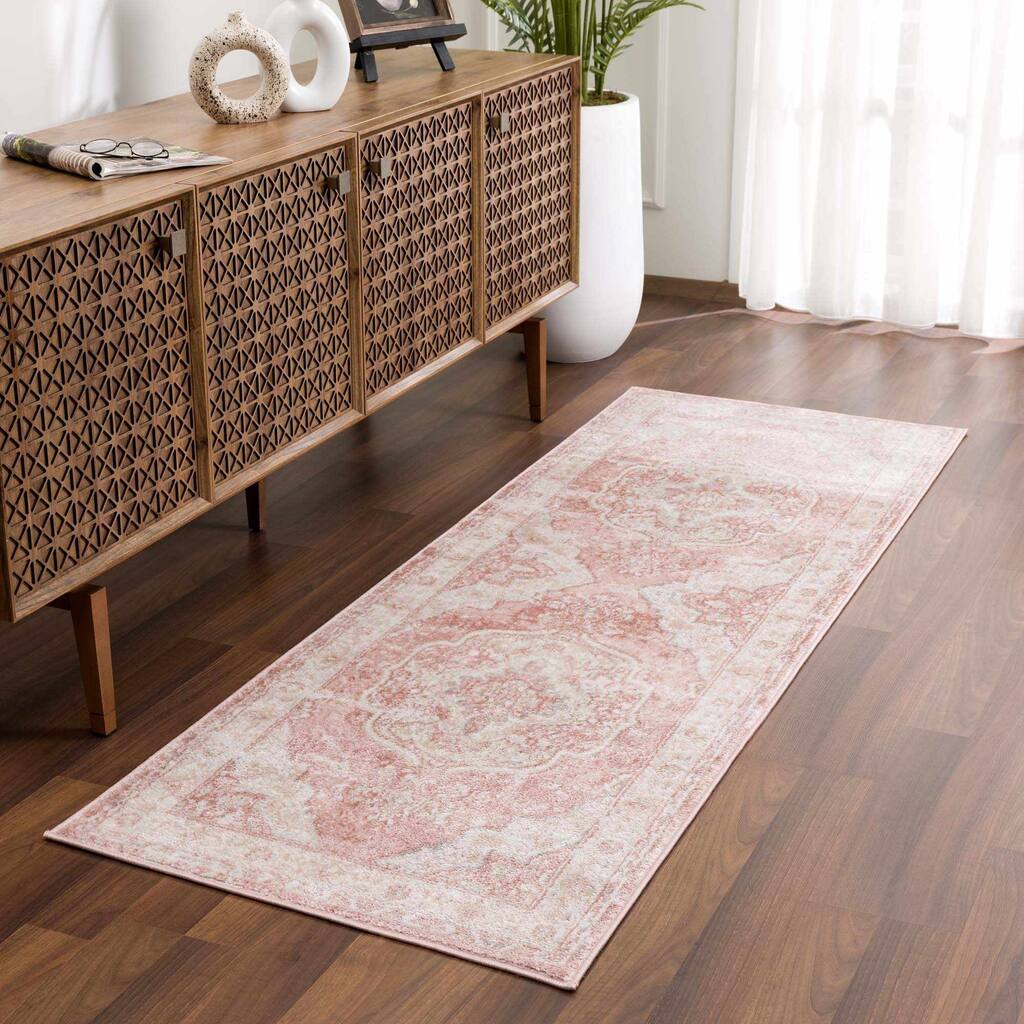 Hauteloom Kandos Hallway, Kitchen Runner Rug - Plum, Pale Pink, Cream - 2'7" x 10'