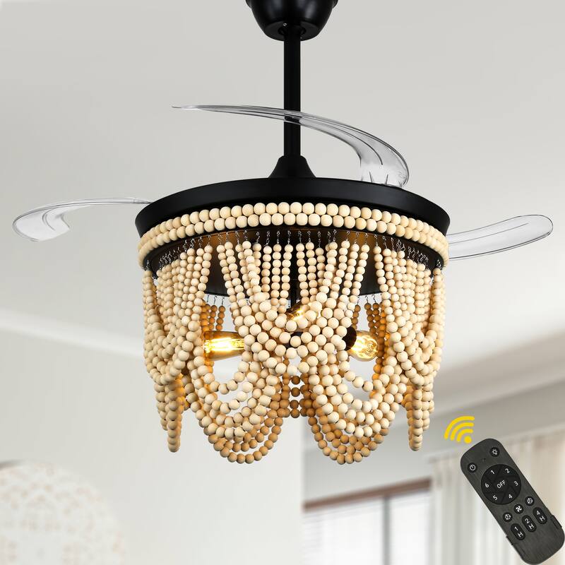 Bella Depot 42" Bohemian Retractable Ceiling Fan with Remote and Light 6-speed Reversible DC Motor - Black