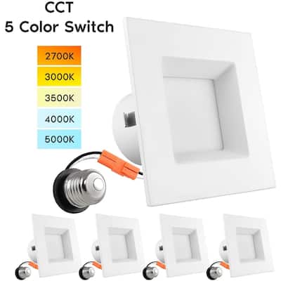Luxrite 4" Square Recessed LED Can Light, Color Temperature Selectable 2700K / 3000K / 3500K / 4000K / 5000K (4 Pack) - 4 Pack
