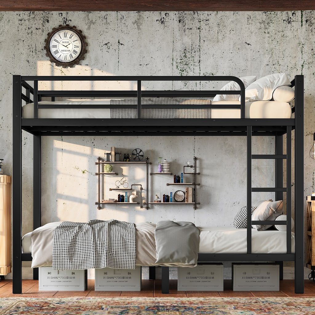 Roomfitters Metal Twin over Twin Bunk Bed, Heavy Duty Space Saving Frame with Ladder and Guardrails, Black