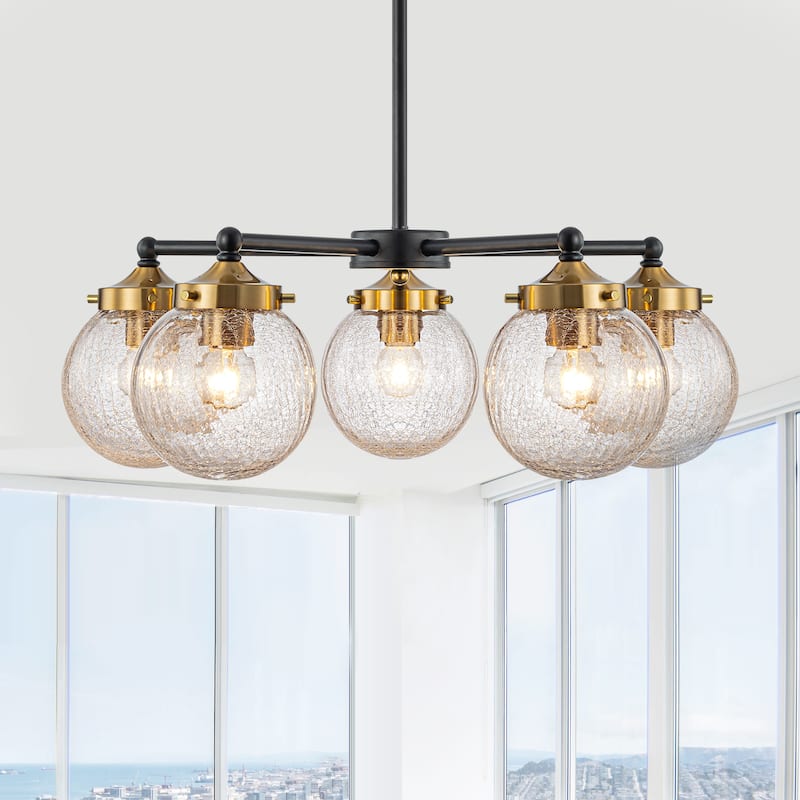 5-Light Modern Branch Chandelier with Clear Crackled Glass Globes - Dia.22.44-in