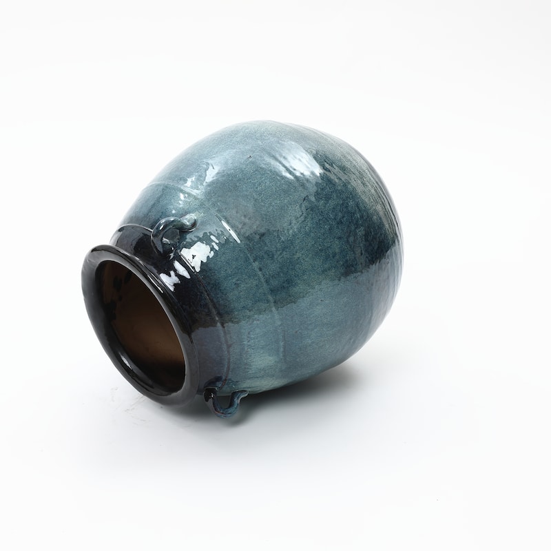 Rippled Blue with Brown Round Ceramic Vase, Home Decor Tabletop & Floor Accent