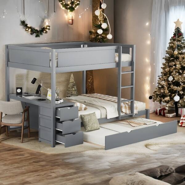 slide 2 of 20, Full-over-Full Bunk Bed with Twin size Trundle, Storage and Desk,with 2 USB and 2 3-holes Plugs Gray