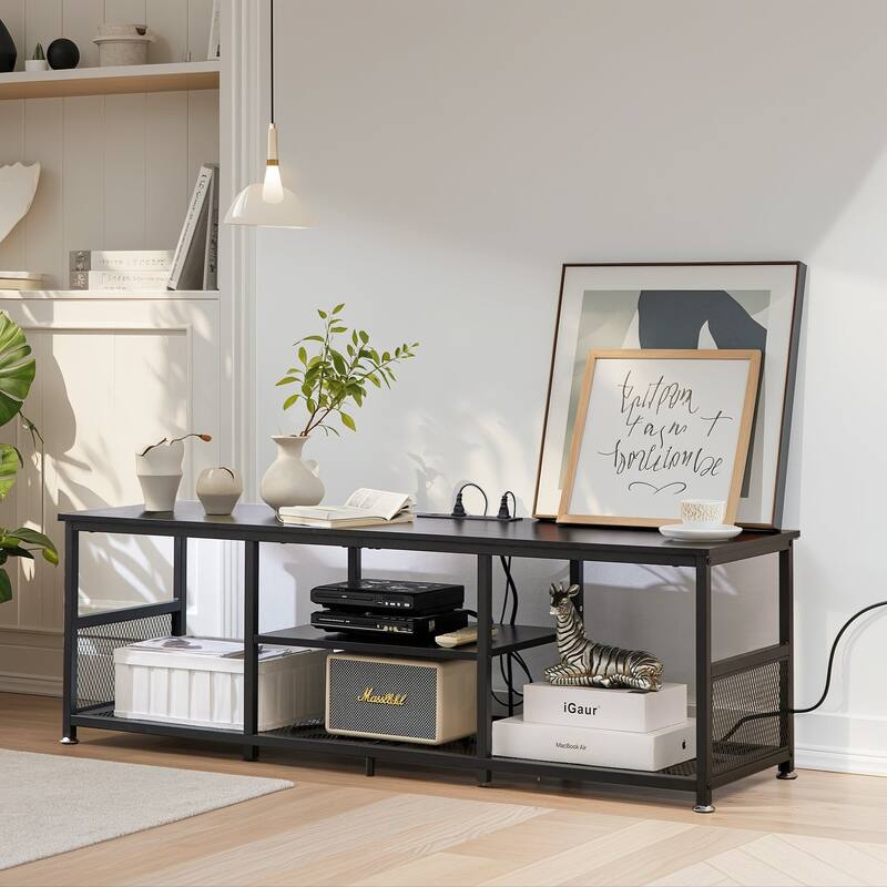 VECELO 55 Inch Black TV Stand TV Media Console Table Entertainment Center with Power Outlets and Open Storage Shelves