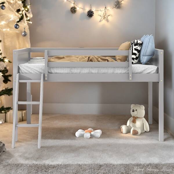slide 2 of 23, Twin Size Wood Low Loft Bed with Ladder, ladder can be placed on the left or right Grey
