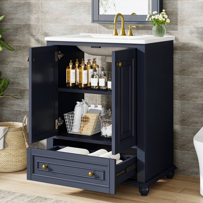 Modern Freestanding Solid Wood Bathroom Vanity with Ceramic Sink, Adjustable Shelf Storage